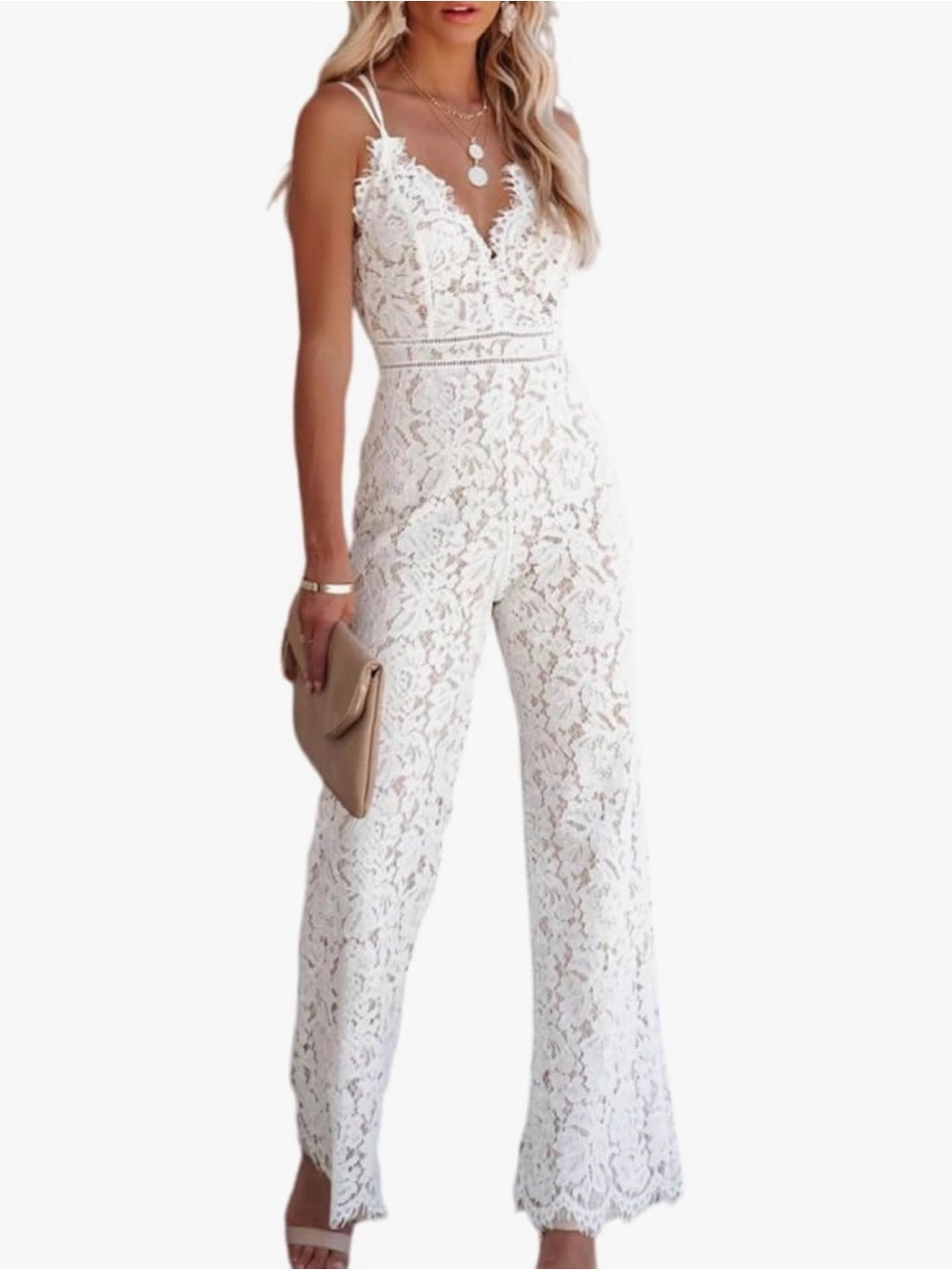 Sexy Lace V-Neck Wide-Leg Jumpsuit Romper in White